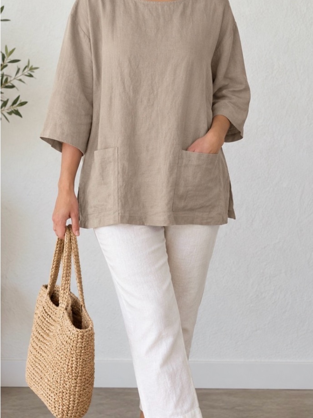Lintico 100% Linen Relaxed Linen Pocket Tunic Top - Taupe Size L - Picture 2 of 16